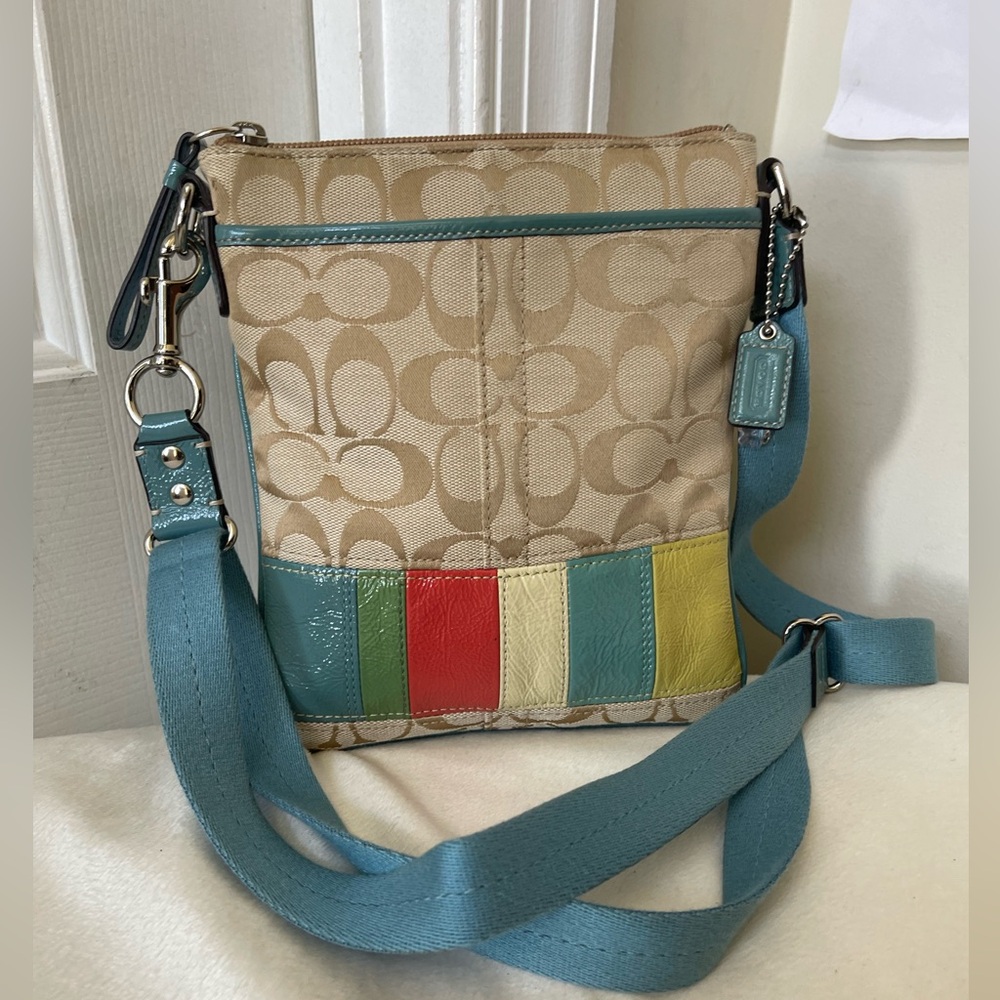 Coach Beige Signature Crossbody with Multicolor Stripe Accent